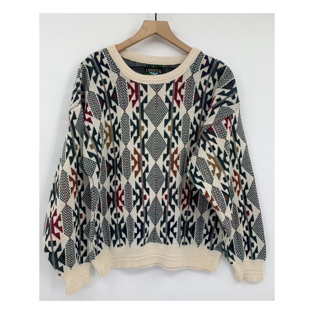 Vintage Jantzen Sweater Mens Large Geometric Aztec Cosby Grandpa Made USA